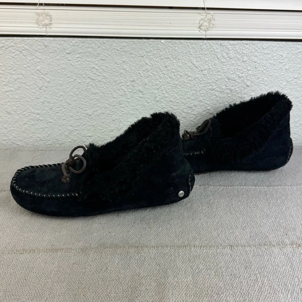 UGG Alena Shearling Cuff Moccasins Slippers Womens US 8 Black Suede - Picture 6 of 8